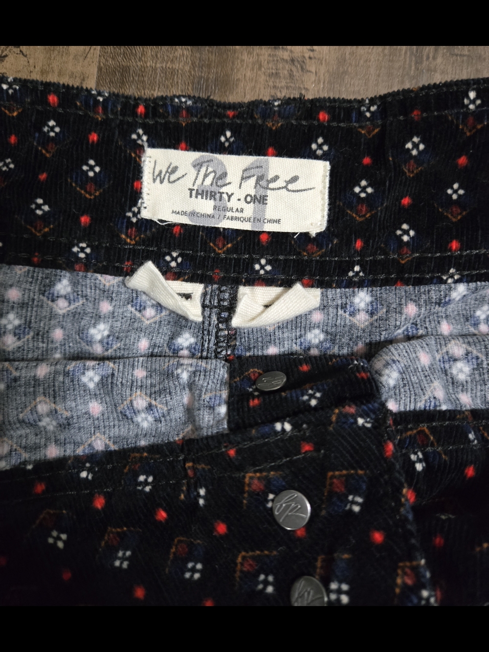 We The Free Black Corduroy Mini Skirt with Red & Blue Pattern Size 31 - Picture 6 of 8